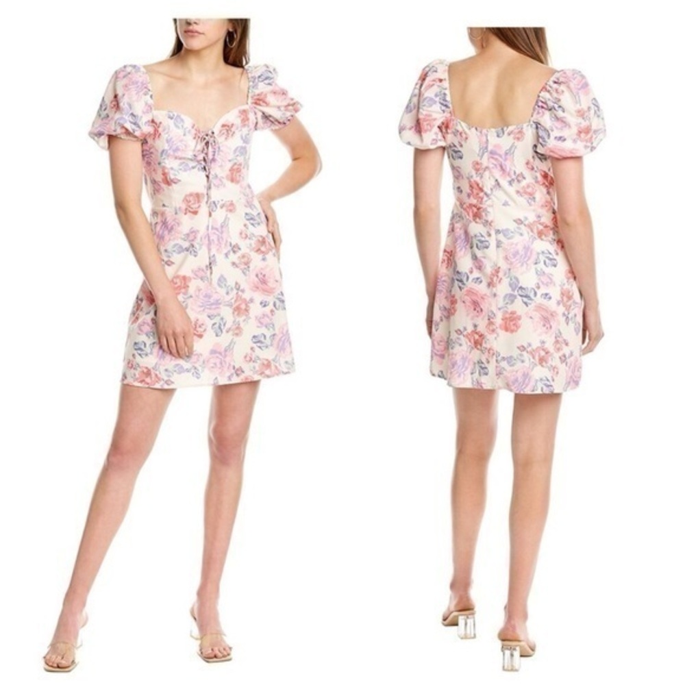 NWT Indefeir pale pink floral off shoulder sweetheart lace up puff sleeve dress